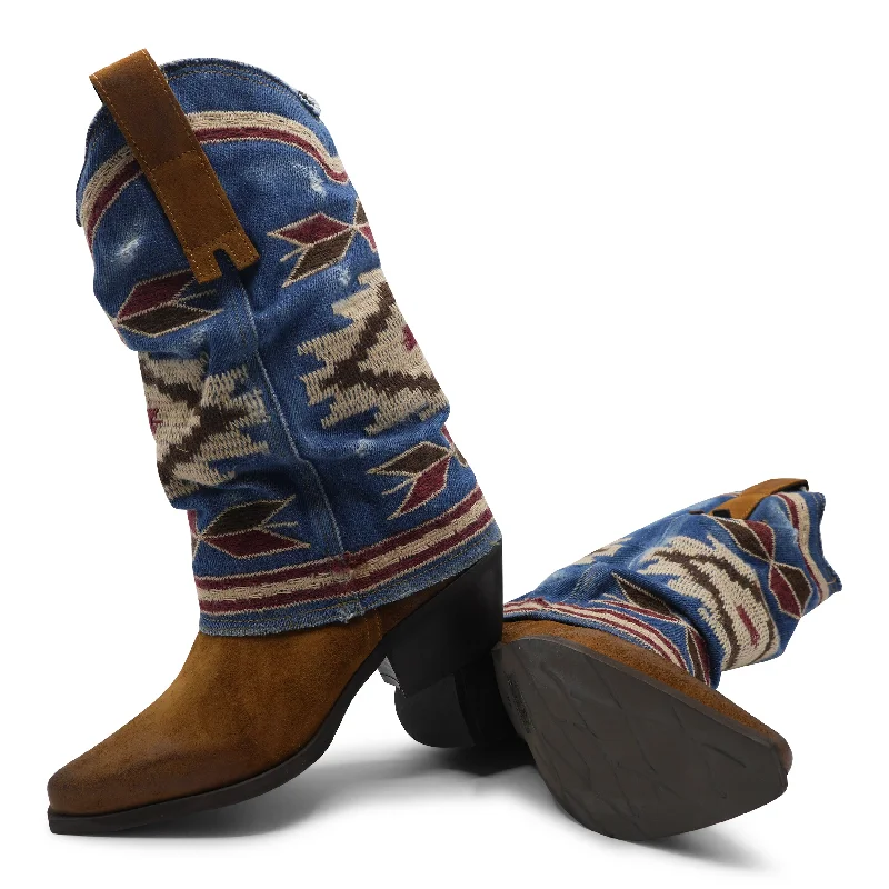 IZEL - Tan/Denim Jeans Aztec Boot Cozy Tencel Blend Denim Jeans