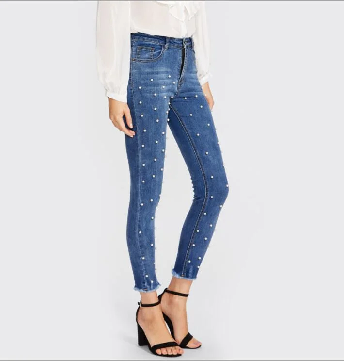 Pearl Beaded Foul Jeans Comfortable Stretch Fit Jeans