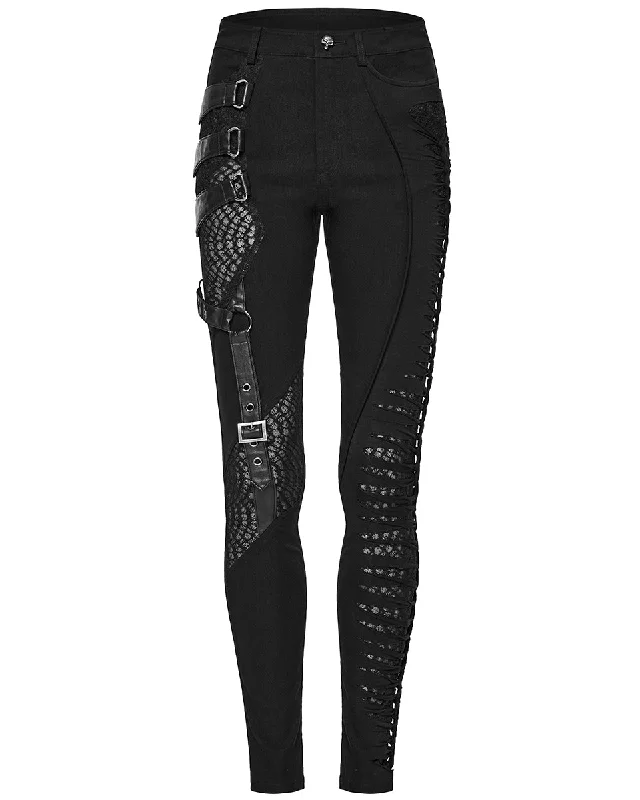 Punk Rave Womens Gothic Punk Asymmetric Twisted Mesh Skinny Jeans Comfortable Jogger Style Jeans