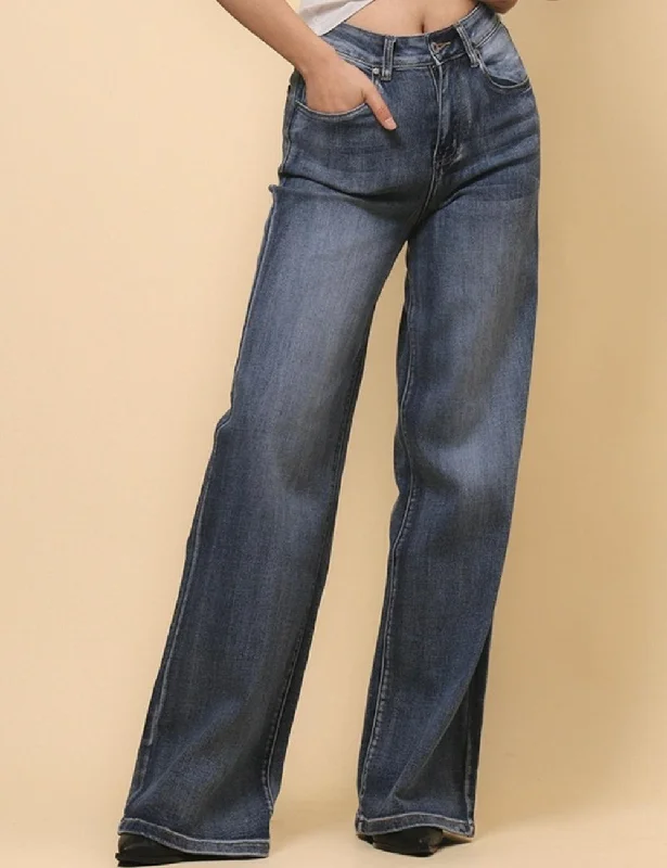 Ladies Dark Blue Jeans Wide Leg Denim Pants SKP4824 Casual Light Wash Jeans