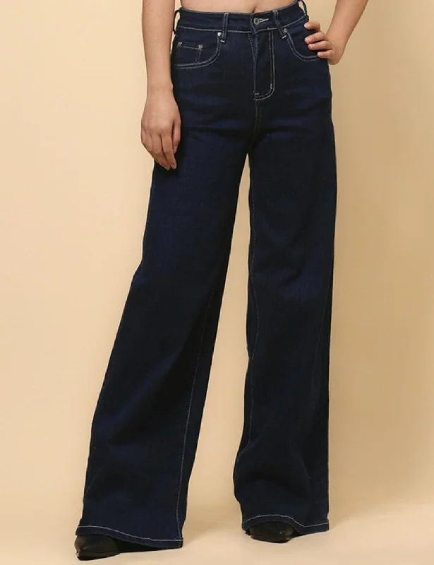 Ladies Dark Blue Jeans Wide Leg Denim Pants SKP4822 Chic Cropped Jeans