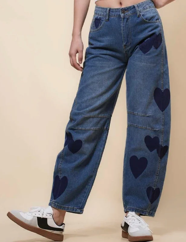 Ladies Barrel Heart Print Jeans Denim Pants SKP41074 Casual High-Waisted Bootcut Jeans