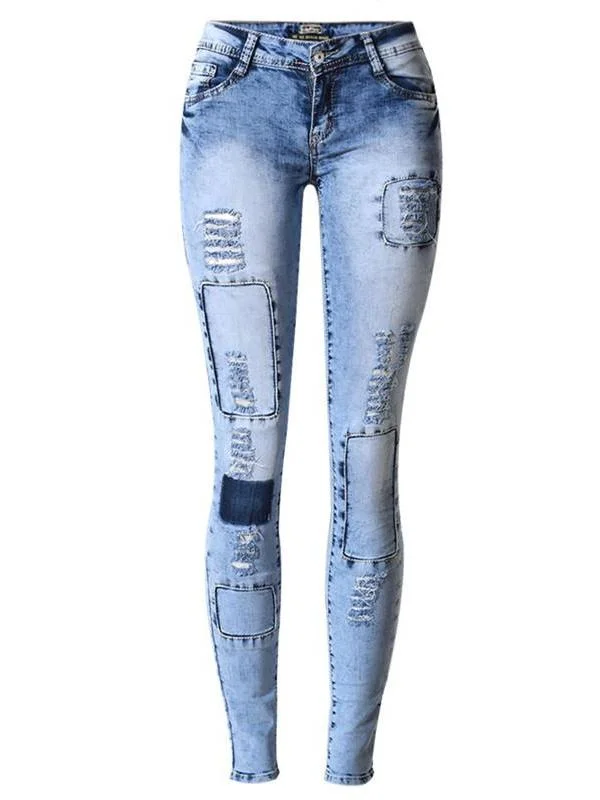 Womens Ripped Patched Skinny Jeans Comfortable Boyfriend Jeans