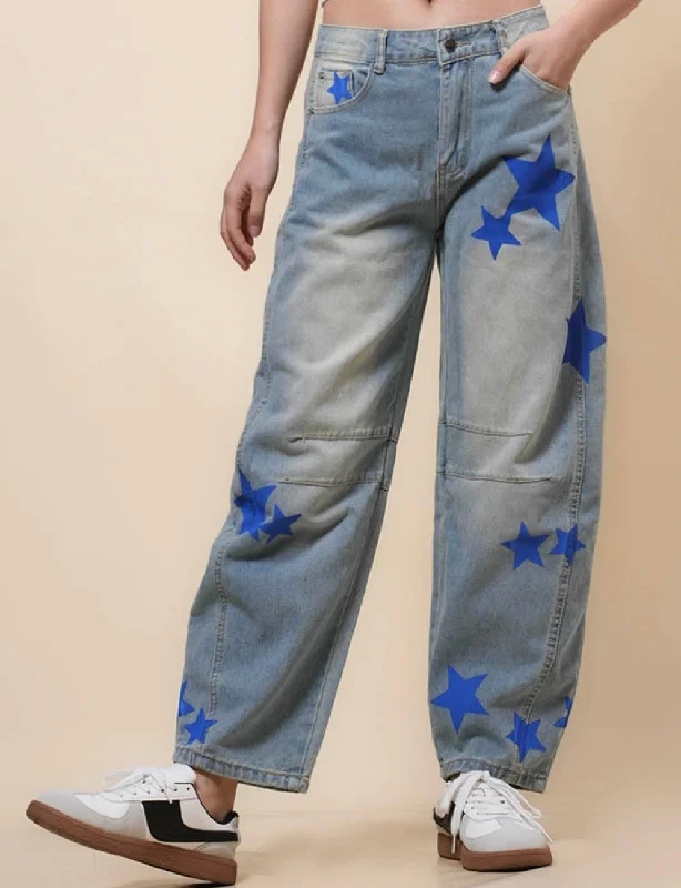 Ladies Barrel Star Print Jeans Daily Denim Pants SKP41037 Fashionable Vintage Wash Jeans