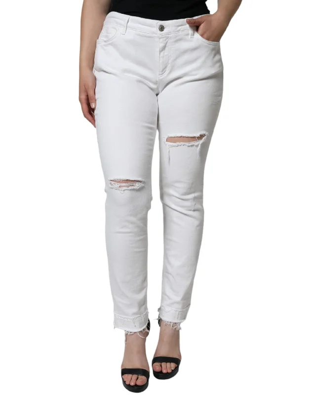 White Cotton Stretch Tattered Skinny Jeans Trendy Classic Fit Jeans