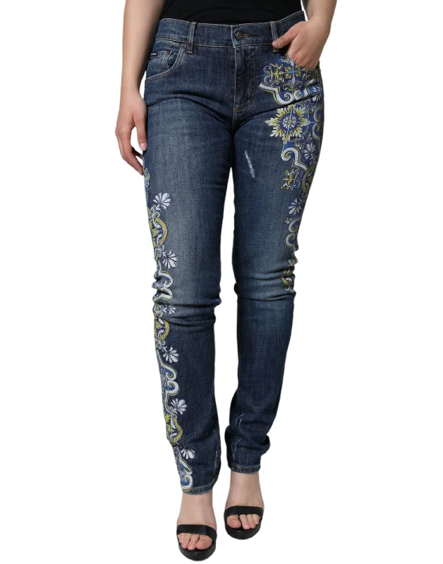 Blue Floral Cotton Stretch Skinny Denim Jeans Comfortable Faded High-Rise Jeans