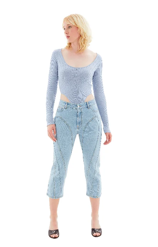 Spiral Denim Capri Jeans (Light Blue) Trendy Patchwork Denim Jeans