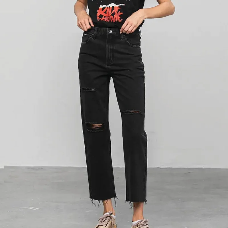 Insane Gene High Rise Ripped Crop Raw Hem Straight Women's Jeans Fashionable Straight Fit Denim