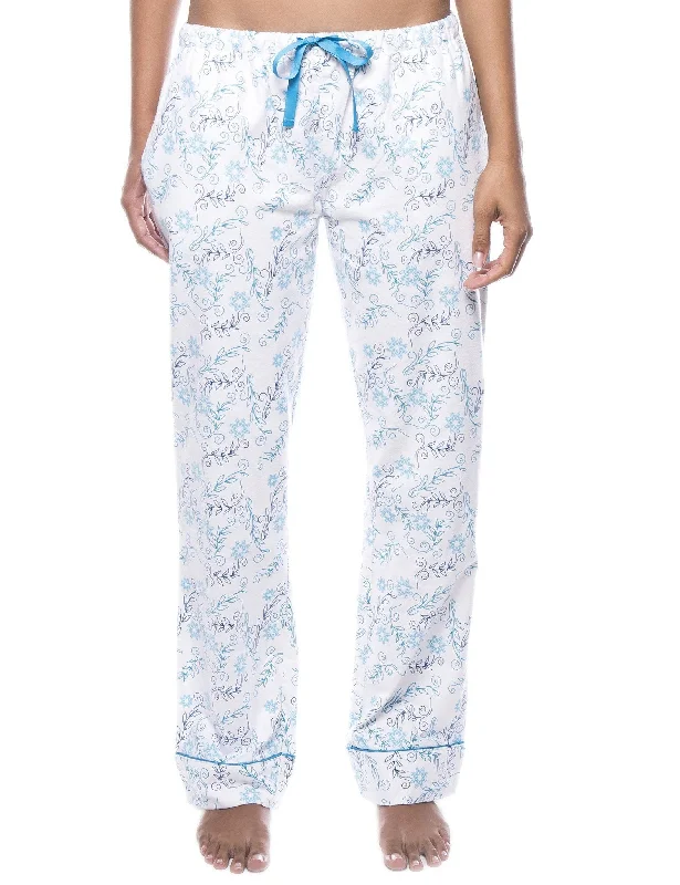 Womens 100% Cotton Flannel Lounge Pants - Floral White/Blue Comfortable Maternity Pants