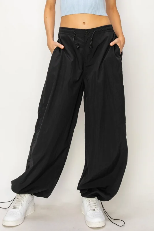 Foxx Parachute Pants - Black Stylish Elastic Waist Pants