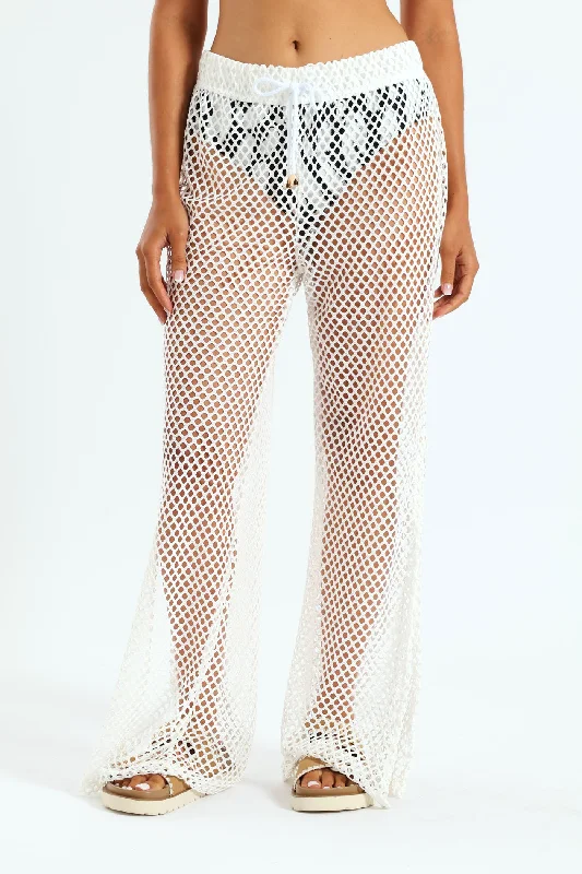 Crochet Long Pants - White Formal Slim Pants