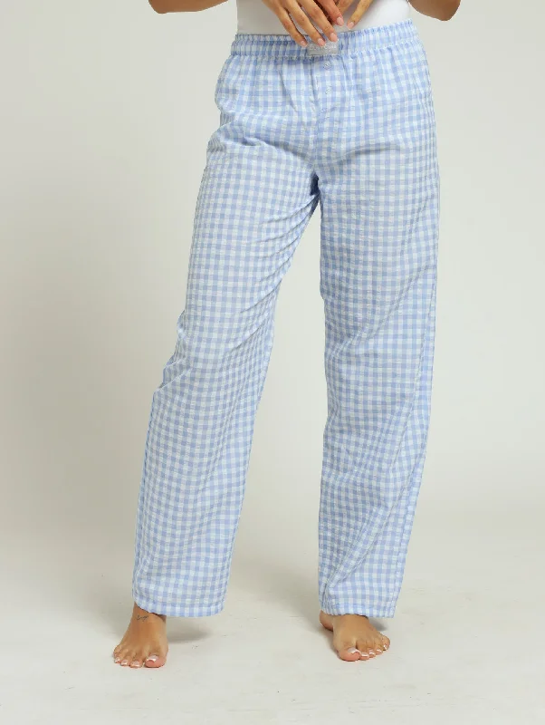 Gingham Check Woven Boxer Pants - Blue Trendy Wide-Leg Pants