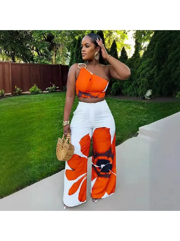 Flower One-shoulder Cropped Wide Leg Pant Sets Fashionable Sporty Pants