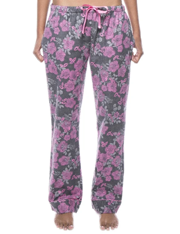 Womens 100% Cotton Flannel Lounge Pants - Floral Grey/Pink Fashionable Track Pants