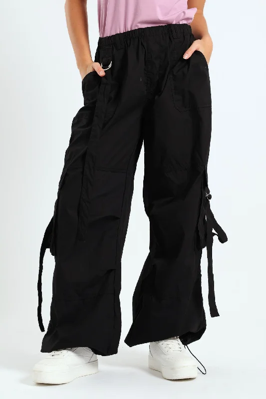 Wide Leg Cargo Pants - Black Classic Straight Pants