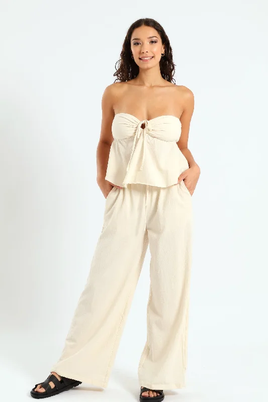 Linen Relaxed Pant - Beige Trendy Wide-Legged Trousers