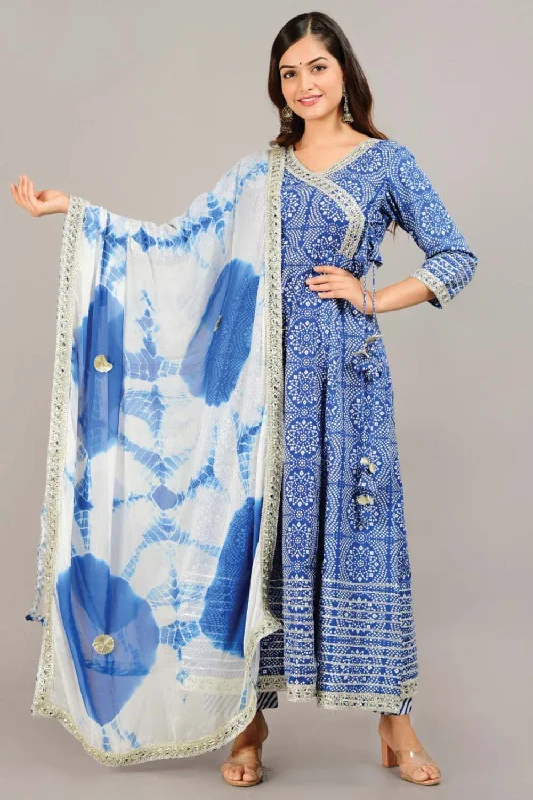 Blue Printed Anarkali Pant Suit Set Stylish Elastic Waist Pants