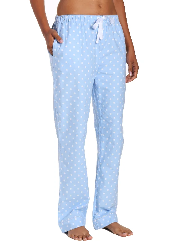 Womens 100% Cotton Flannel Lounge Pants - Dots Diva Blue-White Trendy Printed Leggings