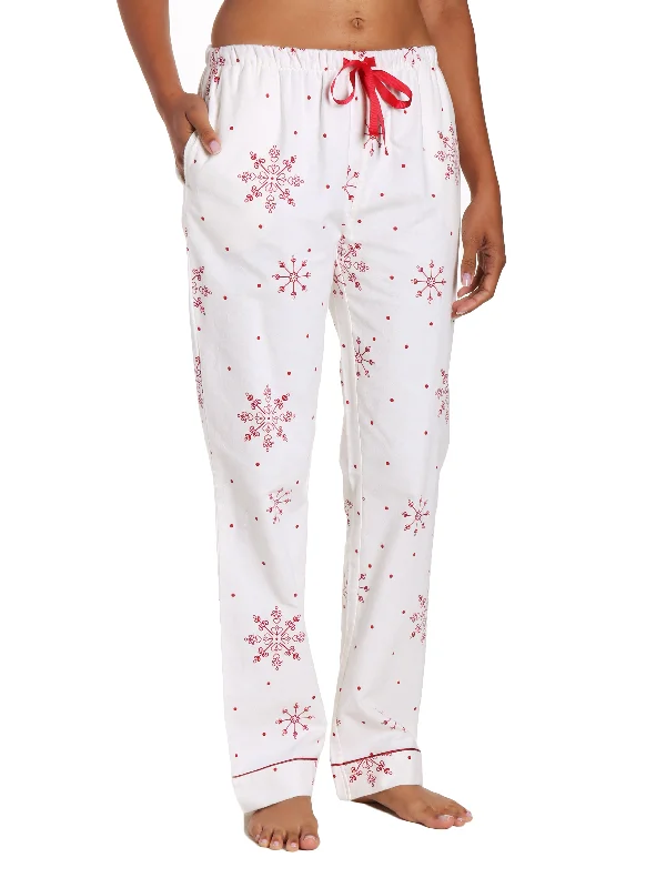 Womens 100% Cotton Flannel Lounge Pants - Lovely Snowflakes White-Red Trendy High-Waist Trousers