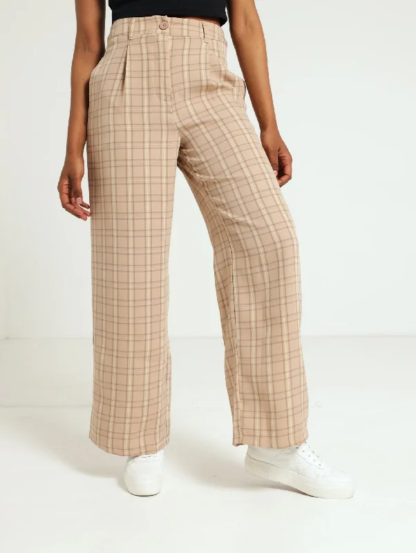 Check Wide Leg Pants - Stone Relaxed Fit Trousers