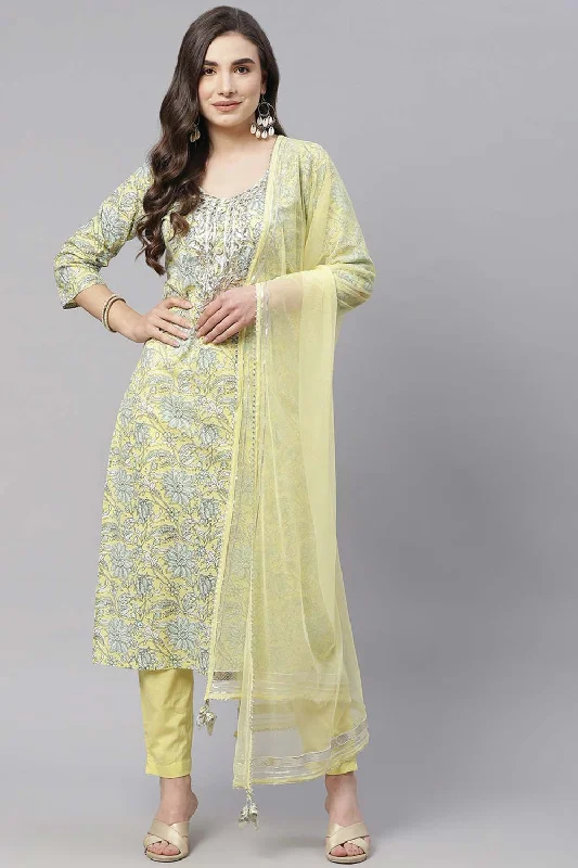 Yellow Cotton Straight Kurta Pant Set With Dupatta Cozy Maternity Pants