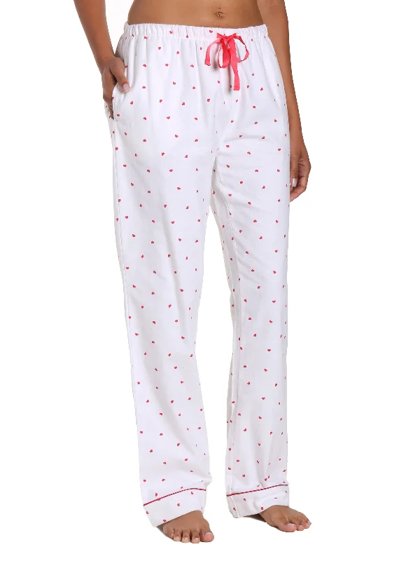 Womens 100% Cotton Flannel Lounge Pants - Little Hearts - White-Red Soft Sweatpants Style