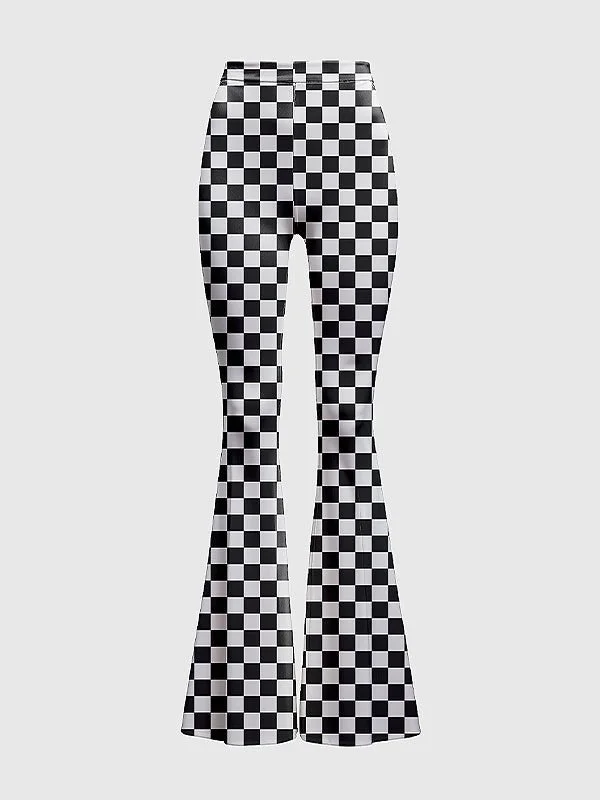 Plus Size Checkered High-Waisted Flare Pants Modern Bootcut Pants