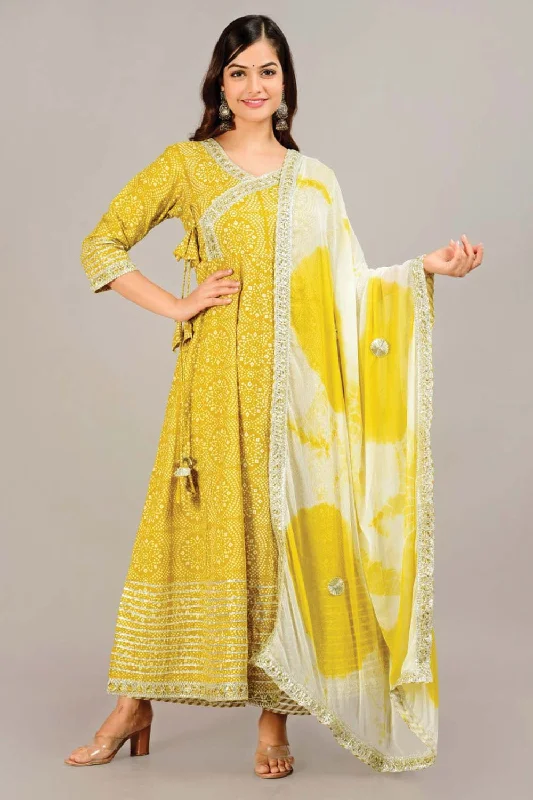 Yellow Long Kurta With Pant And Dupatta Dress Suit Trendy Wide-Legged Trousers