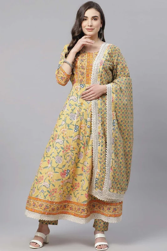 Yellow Floral Anarkali Pant Set With Dupatta Formal Slim Pants