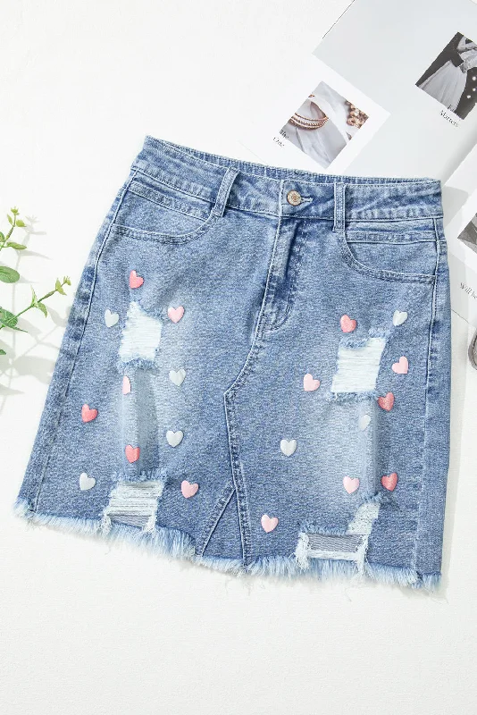 Beau Blue Shimmer Heart Pattern Distressed Denim Mini Skirt flowy skirt hem