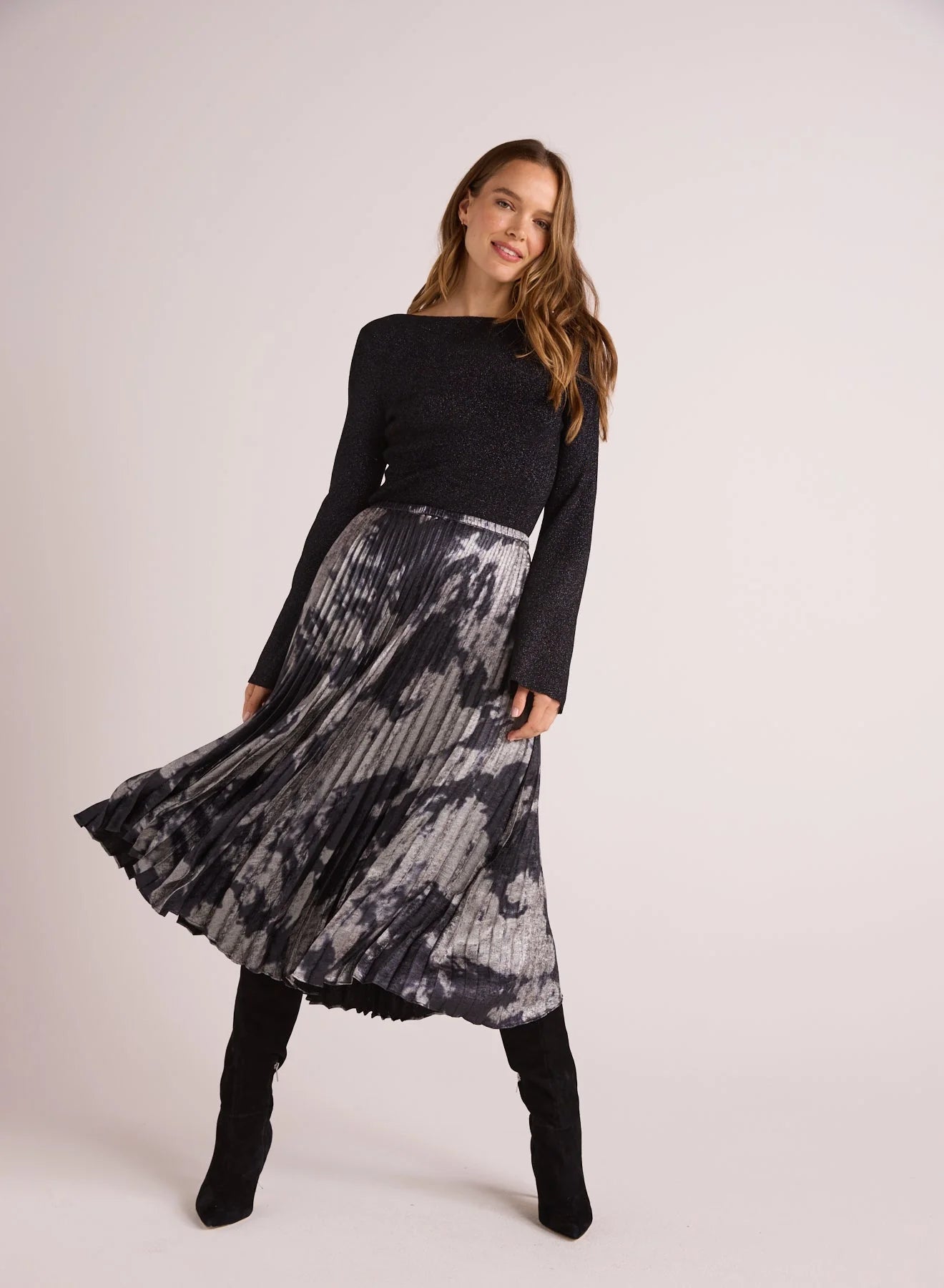 Hand Pleated Midi Skirt - Silver Dye Print velvet skirt plush