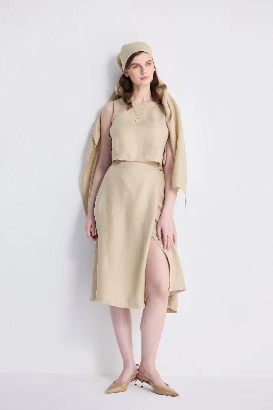 Overlap Midi Skirt in Neutral Beige linen skirt natural