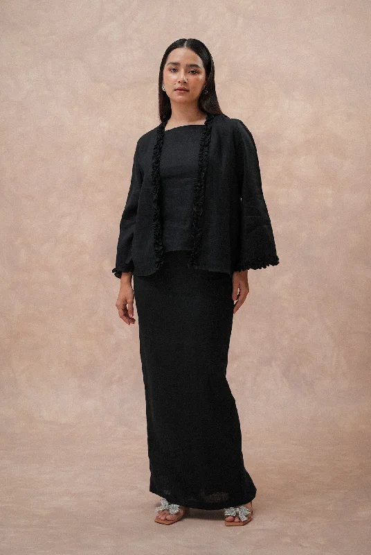 The Classic Pleated Linen Skirt in Ebony lace skirt intricate