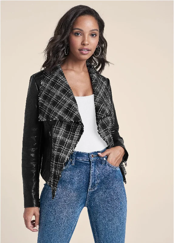 Faux Leather Tweed Jacket - Black Multi Wool Jacket Cashmere Jacket Tweed Jacket