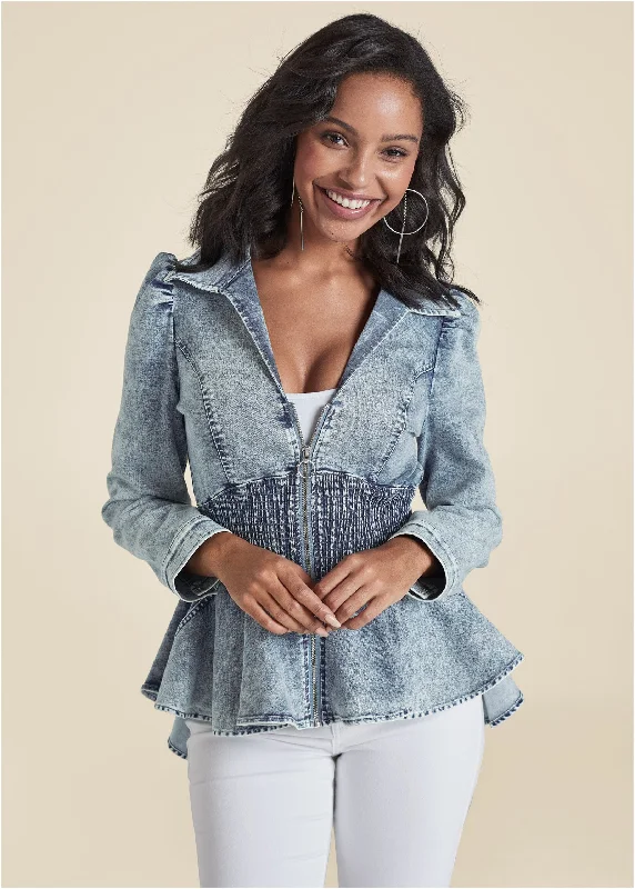 Peplum Jean Jacket - Cool Wash Bomber Jacket Anorak Windbreaker