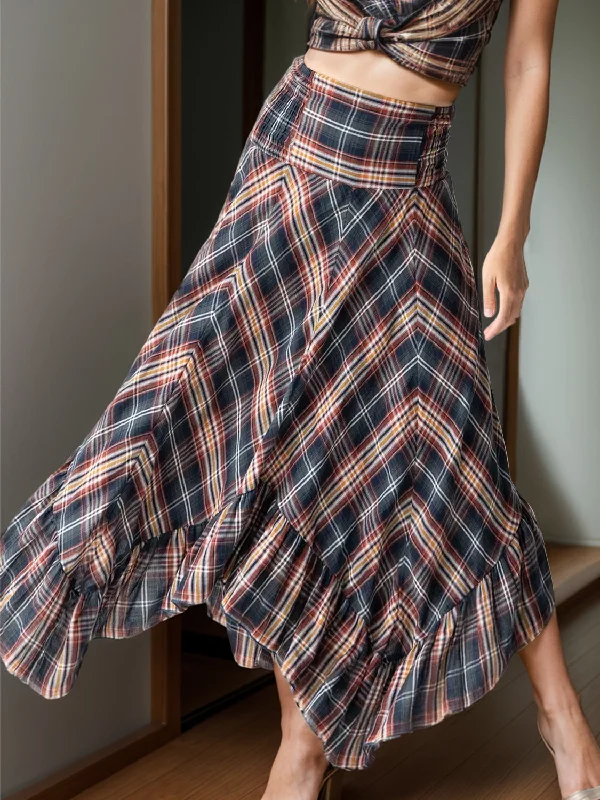 Plaid Asymmetrical Ruffle Hem Skirt modal blend skirt