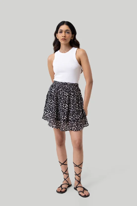 Drawstring Short Skirt in Black Floral denim skirt classic