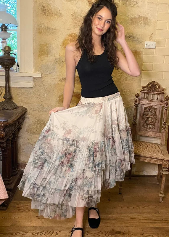 Ballerina skirt - Cream Floral denim skirt trendy