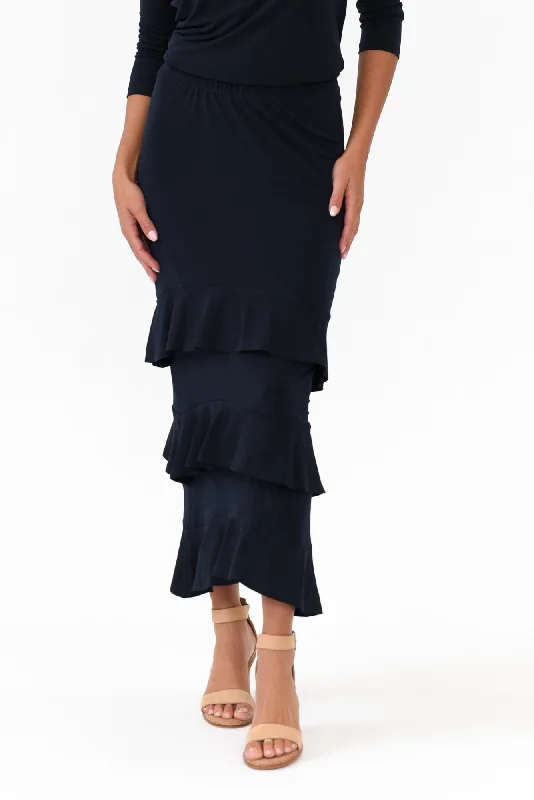 Zella Navy Tiered Frill Skirt wool skirt thick