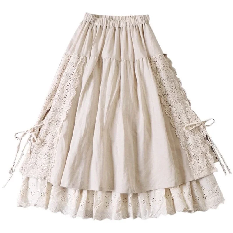 Japanese Linen Lace-up Skirt With Lining linen skirt breathable