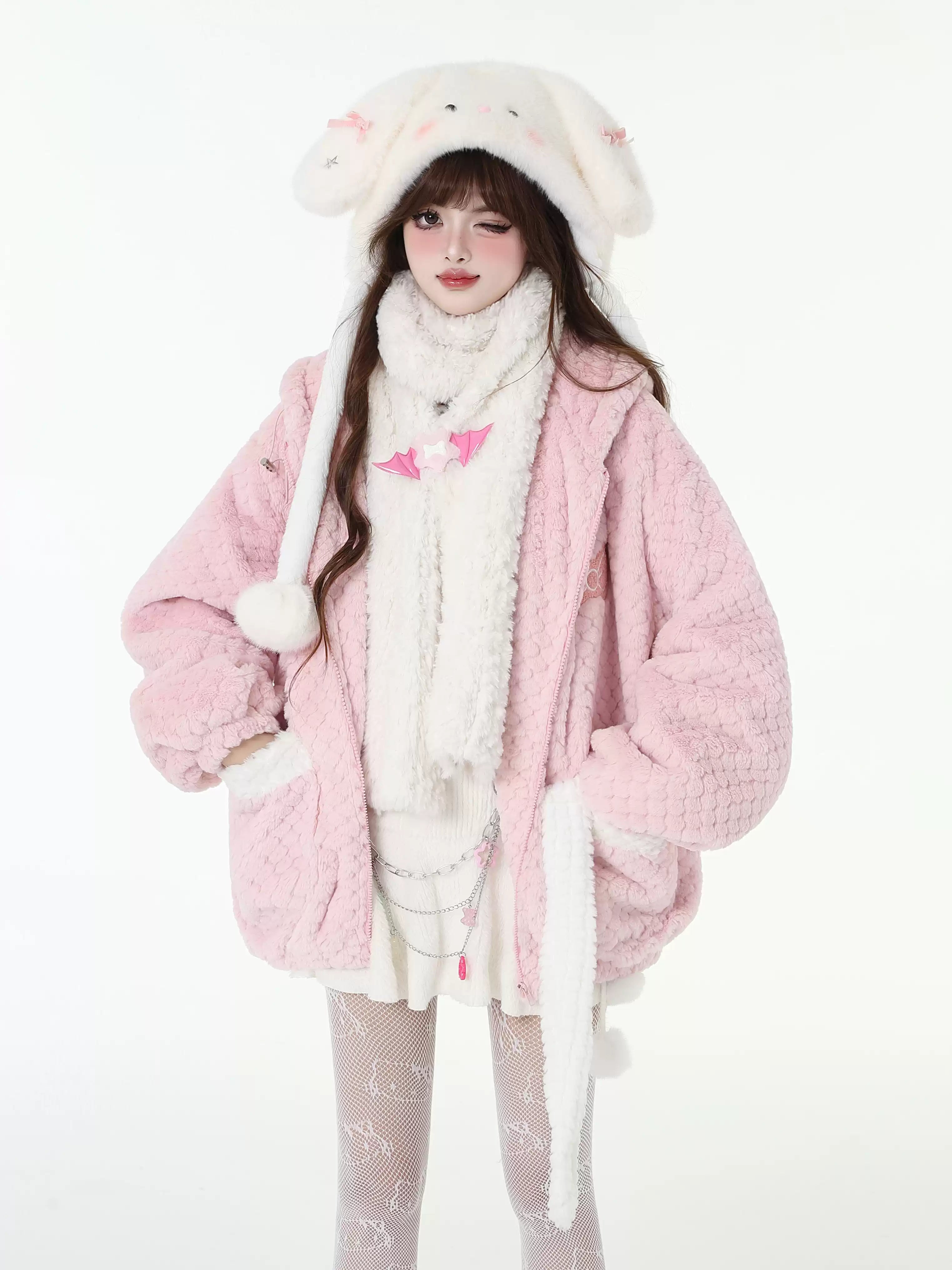 Poko Poko Fabric Pocket Loose Jacket with Rabbit Ears Hood CRA0098 Knit Jacket Woven Jacket Fleece Jacket