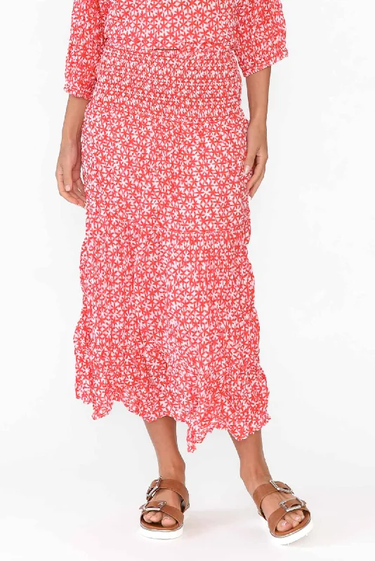 Jude Red Flower Crinkle Cotton Skirt chiffon skirt delicate