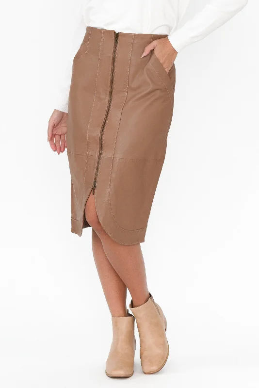 Stella Brown Leather Curved Hem Skirt leather skirt modern