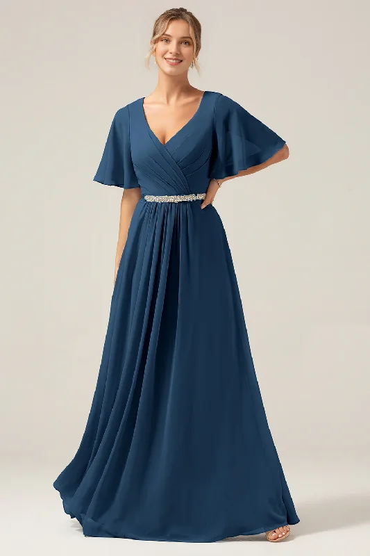 Navy blue A-line V-neck chiffon short sleeved and floor length skirt silk skirt lustrous