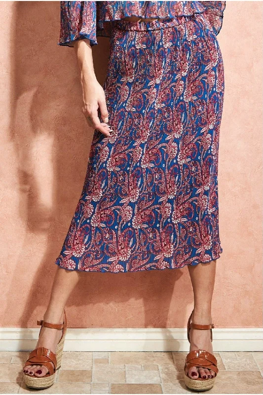 City Goddess Printed Shirred Midi Skirt - Blue denim skirt durable