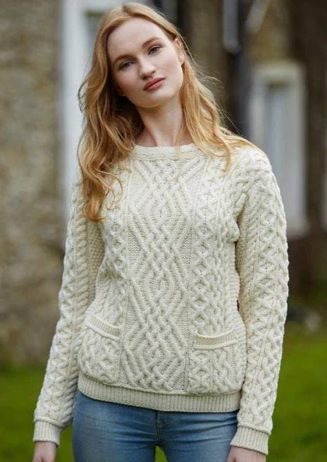 Aran Cable Knit Crew Neck Sweater | Natural