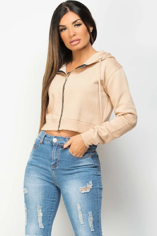 Cropped Zip Up Hoodie Stone