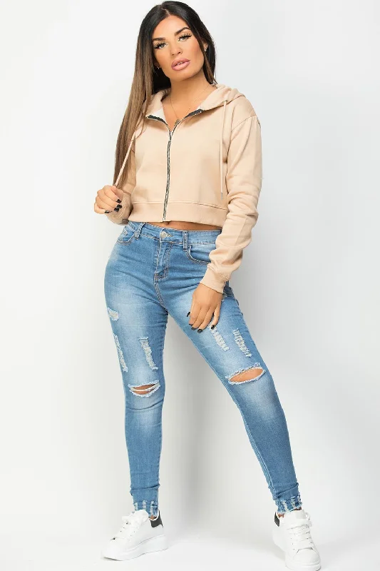 Cropped Zip Up Hoodie Stone