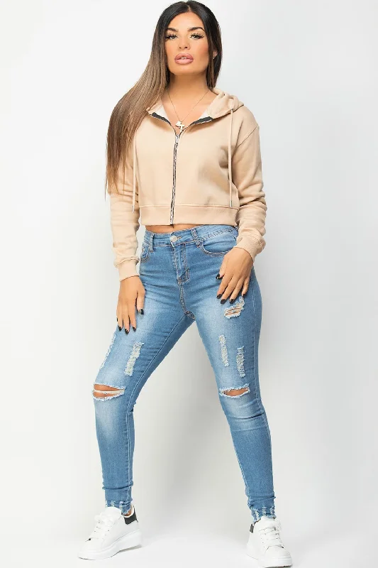 Cropped Zip Up Hoodie Stone