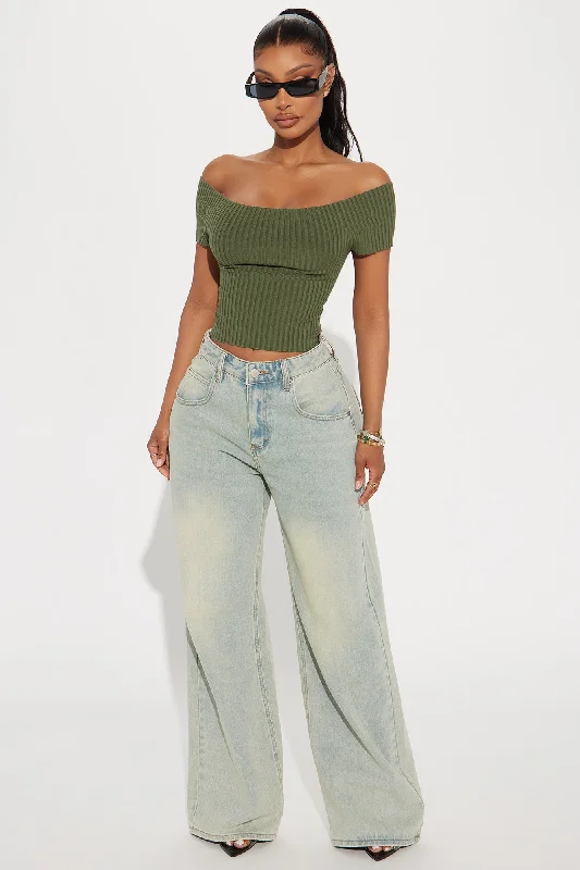 Going Places Off Shoulder Sweater Top - Olive